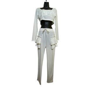 Two-Piece White Long-Sleeve Crop Top & Ruffled Pants‎ Set 1XL Sexy Stretch Cute